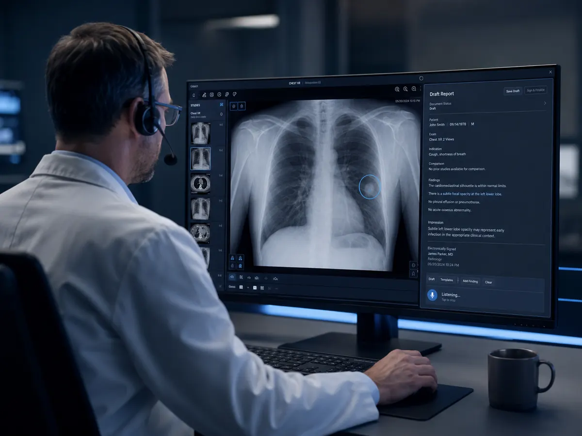 A radiologist wearing a headset at a reading station, dictating while a draft report is written on screen beside the study.